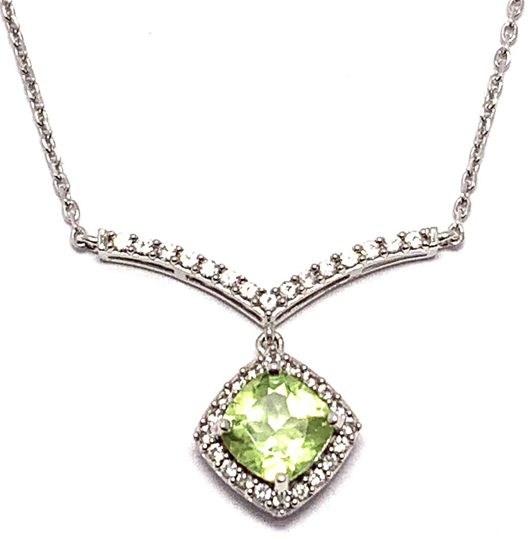 Natural Peridot and Diamonique White Gold and Silver Necklace