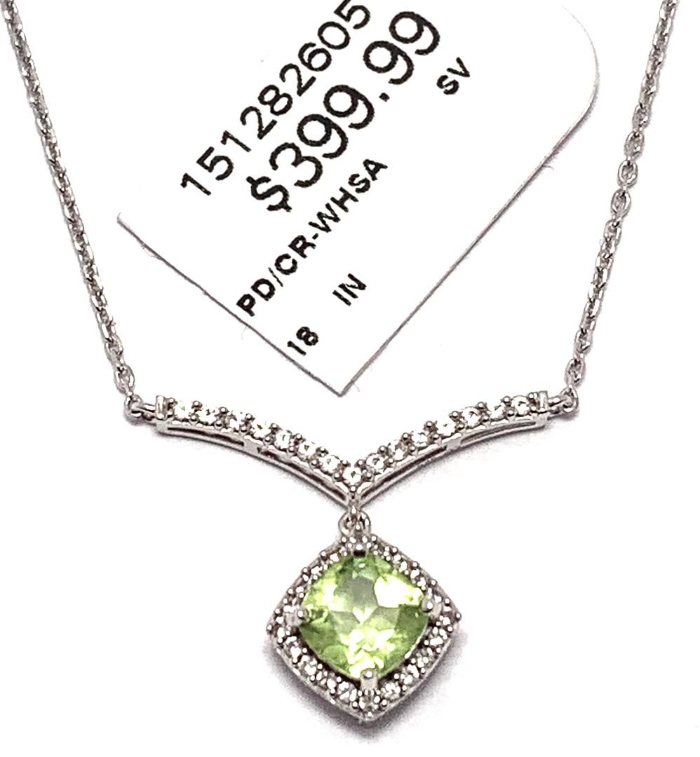 Natural Peridot and Diamonique White Gold and Silver Necklace