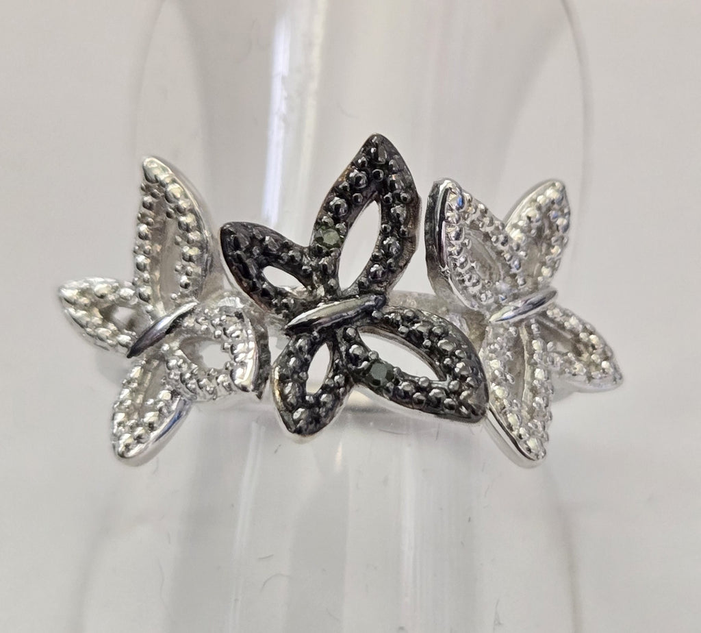 Natural Black and White Diamond Platinum Plated Silver 3-Butterfly Ring