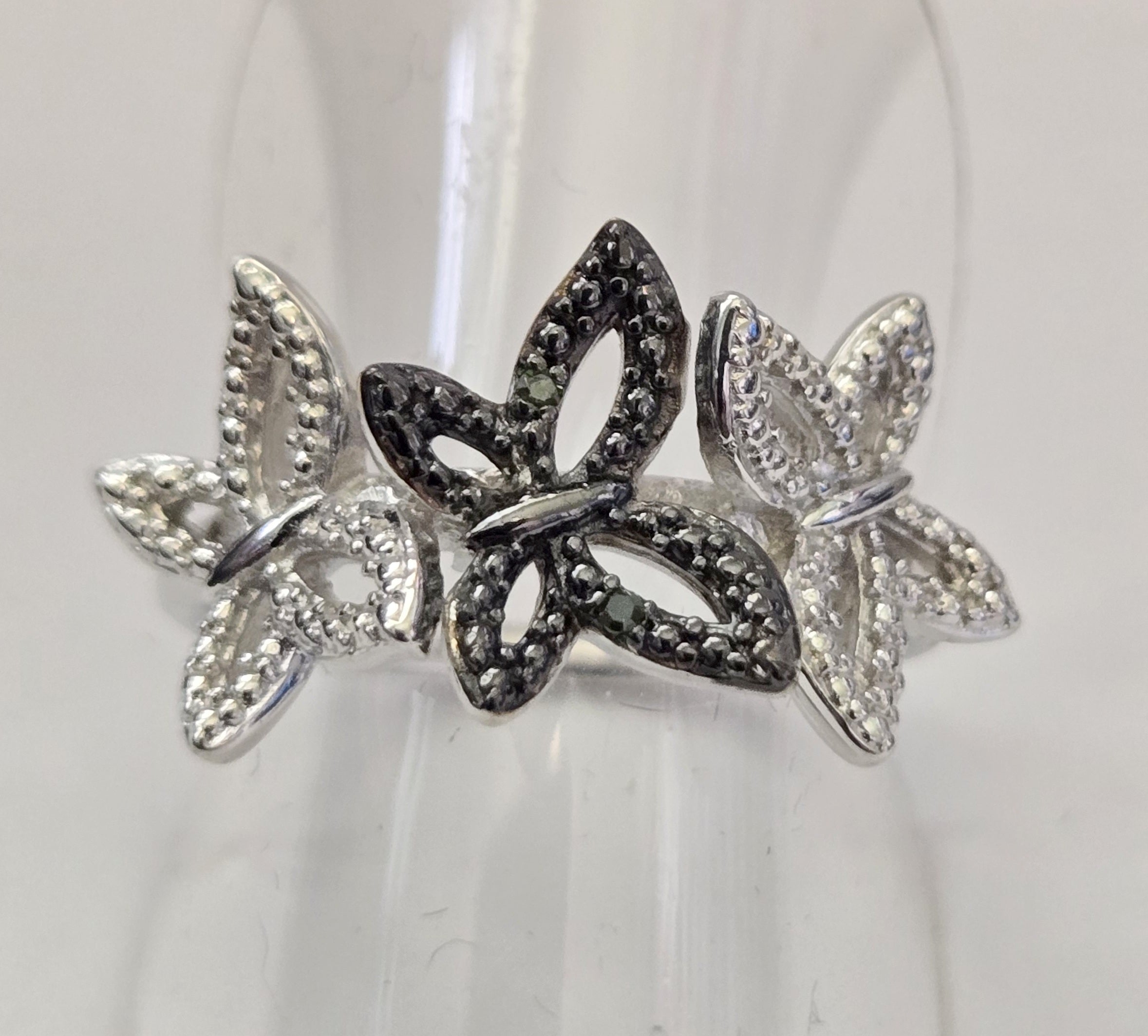 Natural Black and White Diamond Platinum Plated Silver 3-Butterfly Ring