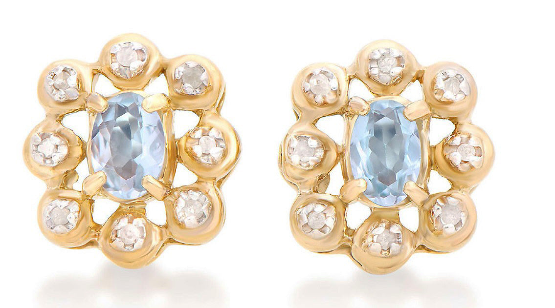 Natural Diamond and Aquamarine Sterling Silver Earrings
