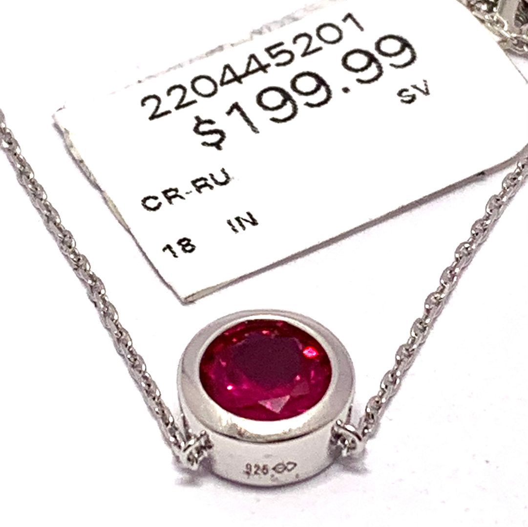 Cultured Solitaire Ruby White Gold and Silver Necklace