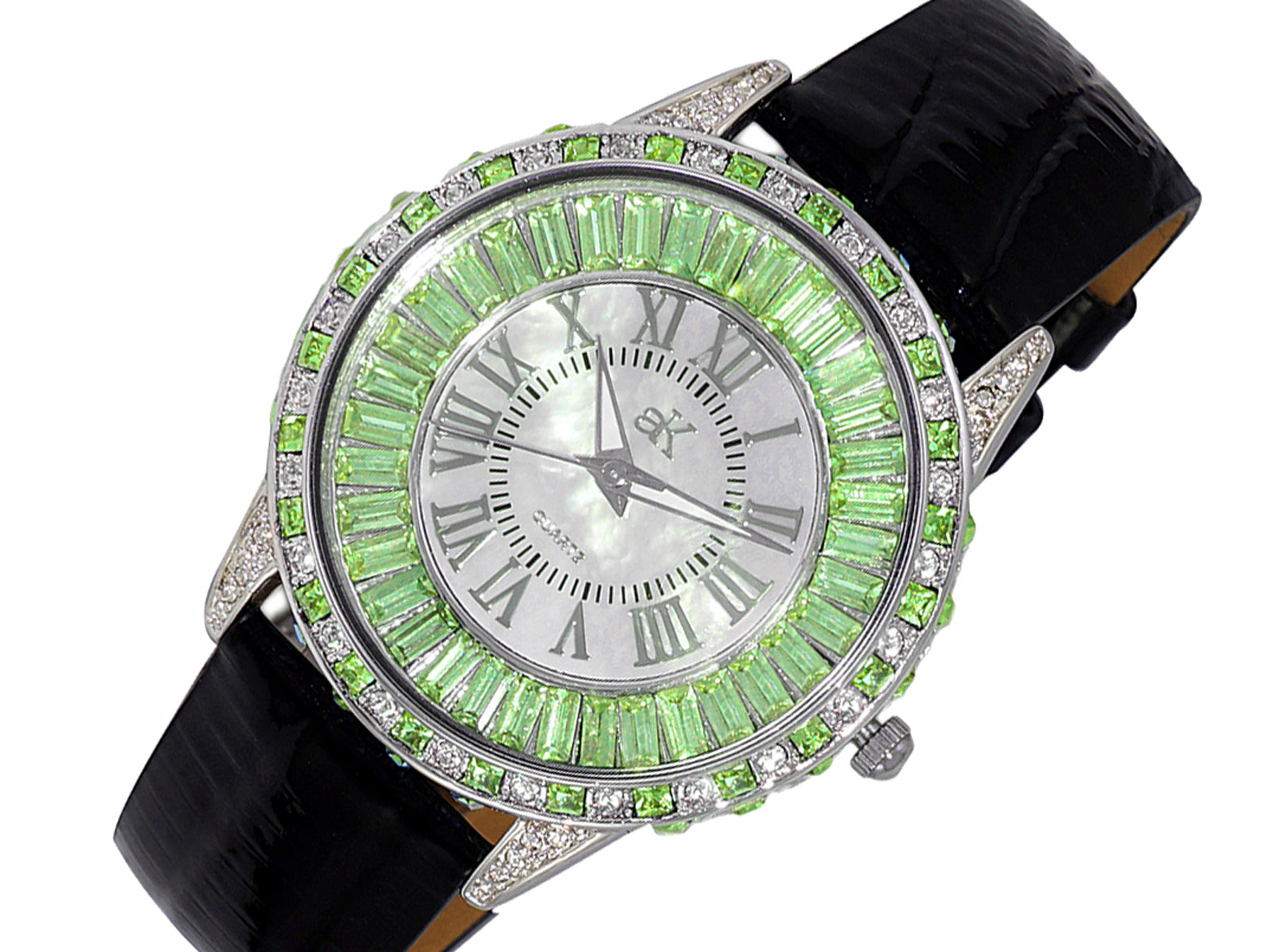Adee Kaye Mother of Pearl & Austrian Crystal Black Leather Band Watch