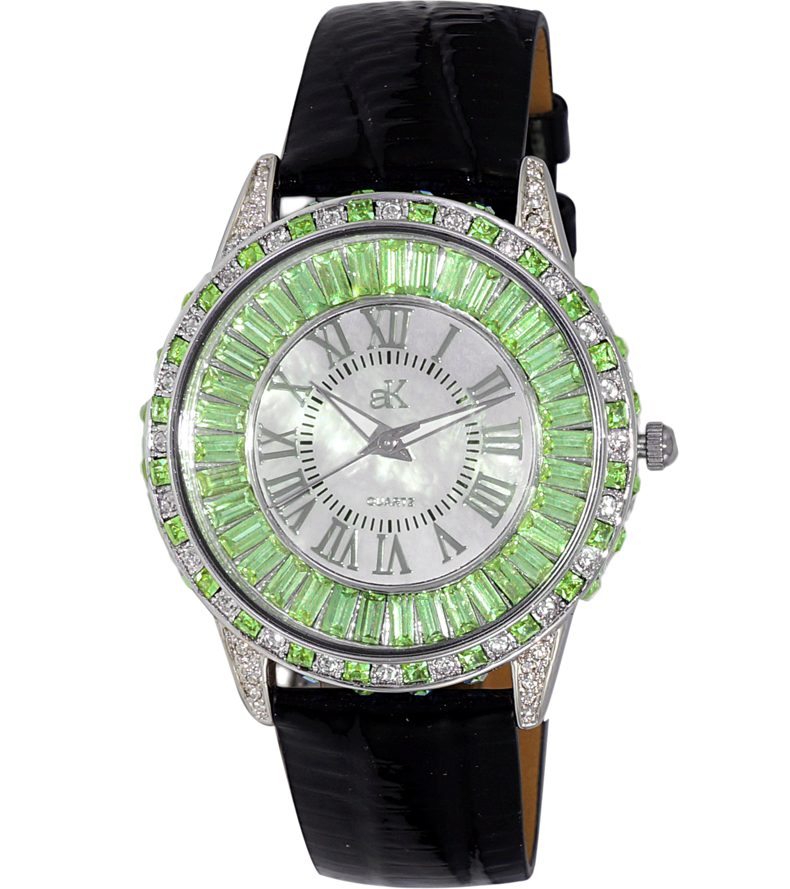 Adee Kaye Mother of Pearl & Austrian Crystal Black Leather Band Watch