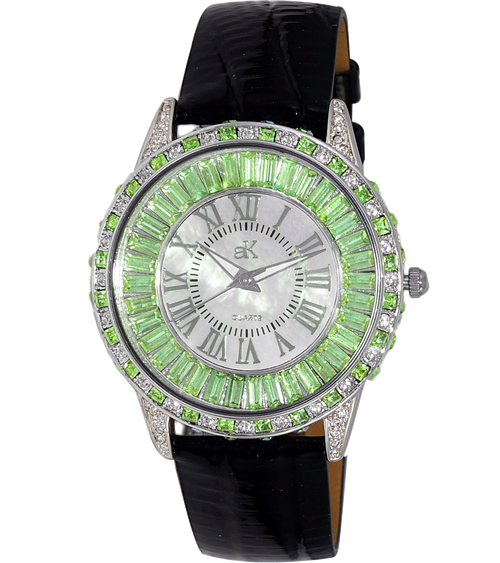 Adee Kaye Mother of Pearl & Austrian Crystal Black Leather Band Watch