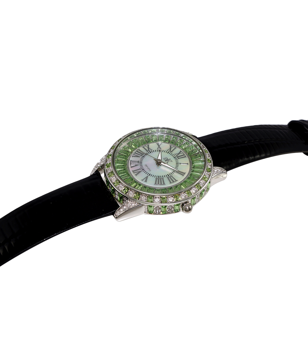 Adee Kaye Mother of Pearl & Austrian Crystal Black Leather Band Watch
