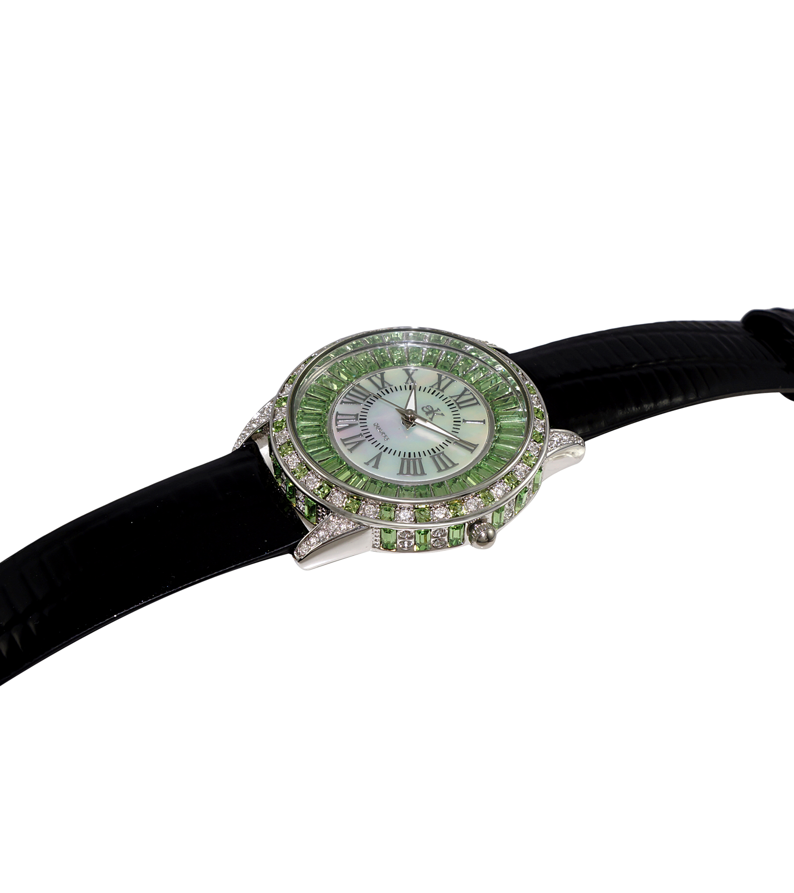 Adee Kaye Mother of Pearl & Austrian Crystal Black Leather Band Watch