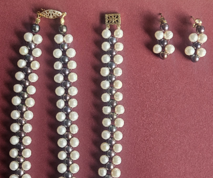 White/Gold/Beige/Black Freshwater Pearl Necklace, Bracelet and Earrings Set