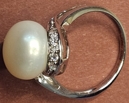 A Sterling Silver Pearl and Crystal Ring
