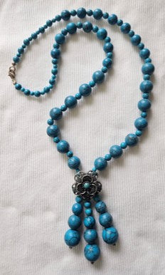 Boho Turquoise Bead Necklace with Filigree-Style Metal Flower