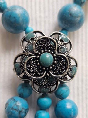 Boho Turquoise Bead Necklace with Filigree-Style Metal Flower