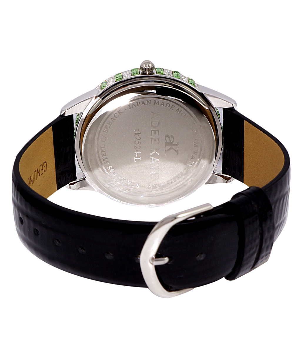 Adee Kaye Mother of Pearl & Austrian Crystal Black Leather Band Watch