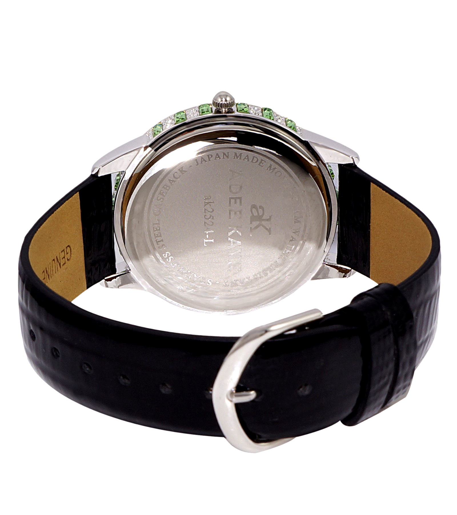 Adee Kaye Mother of Pearl & Austrian Crystal Black Leather Band Watch