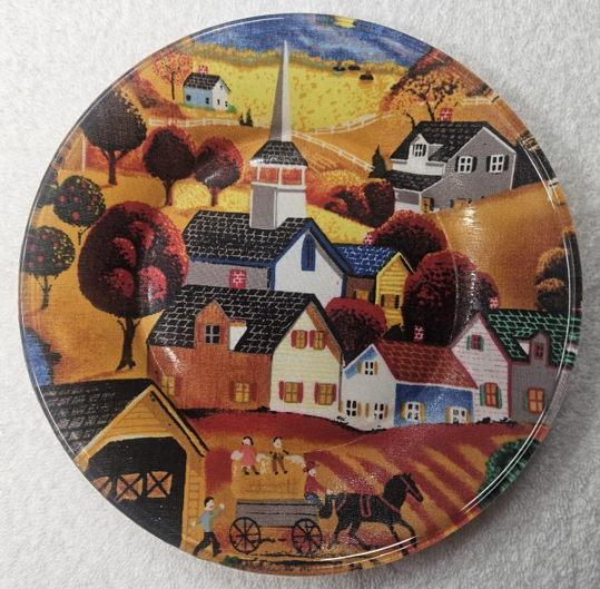 Handmade Decoupage Glass Plate with Village Scene in Autumn