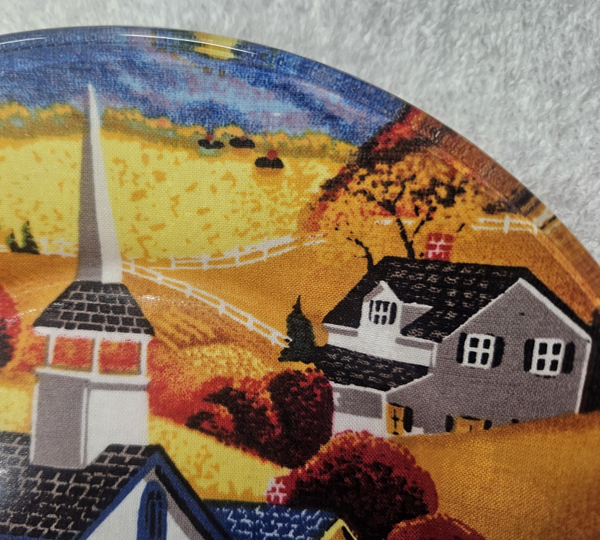 Handmade Decoupage Glass Plate with Village Scene in Autumn
