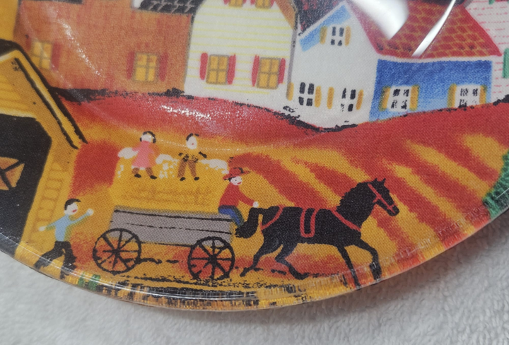 Handmade Decoupage Glass Plate with Village Scene in Autumn